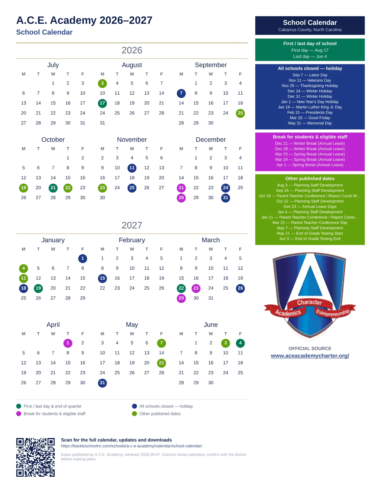 A.C.E. Academy School Calendar 2026–2027 printable calendar