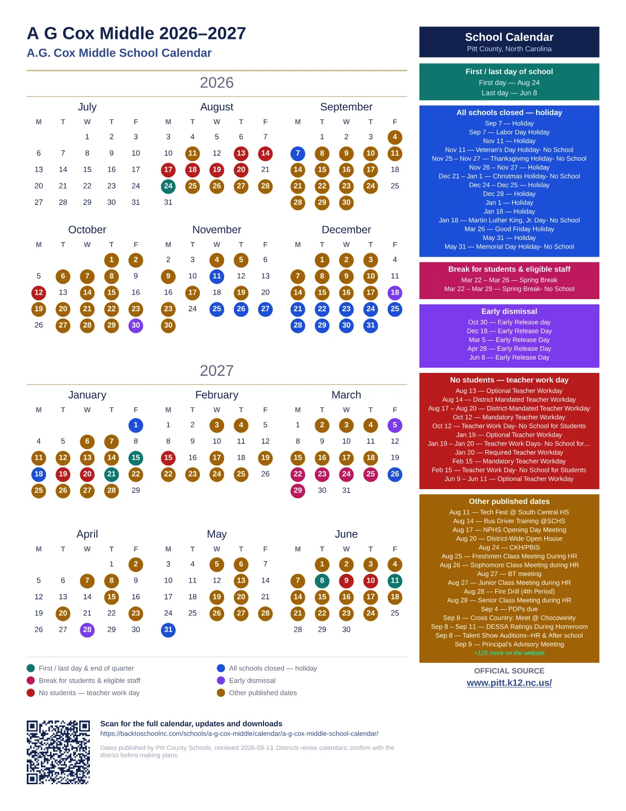 A G Cox Middle 2026–2027 printable calendar