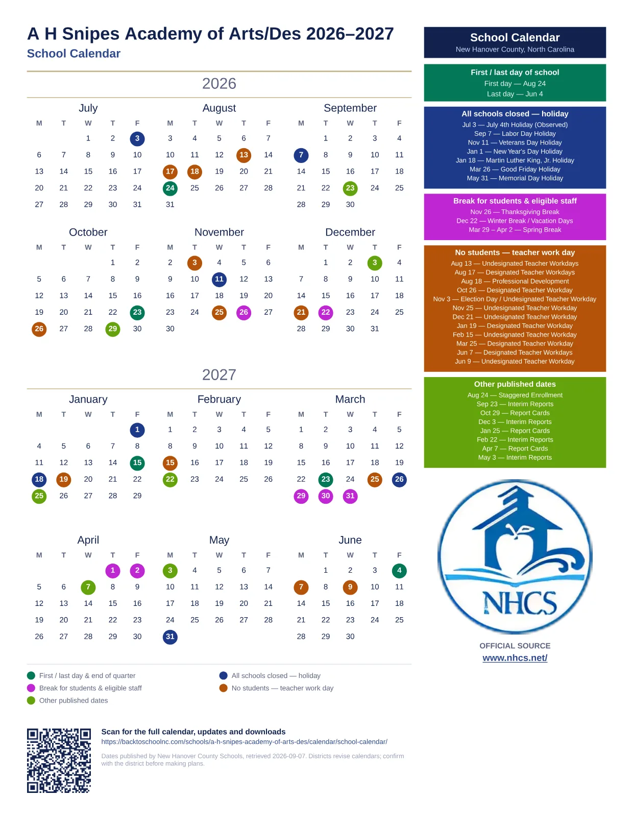 A H Snipes Academy of Arts/Des 2026–2027 printable calendar