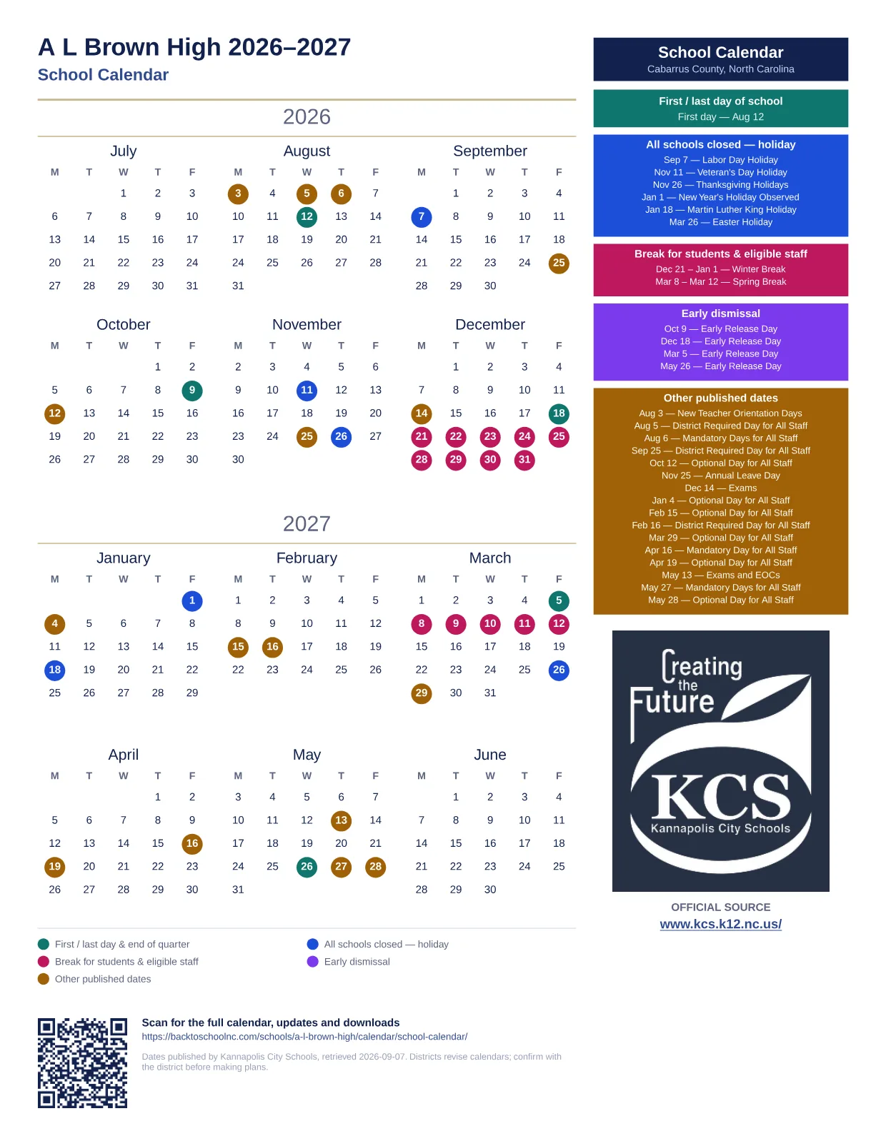 A L Brown High 2026–2027 printable calendar