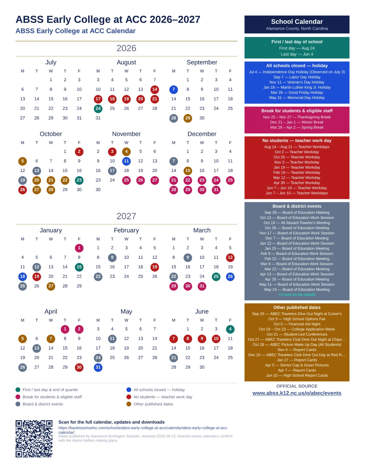 ABSS Early College at ACC 2026–2027 printable calendar