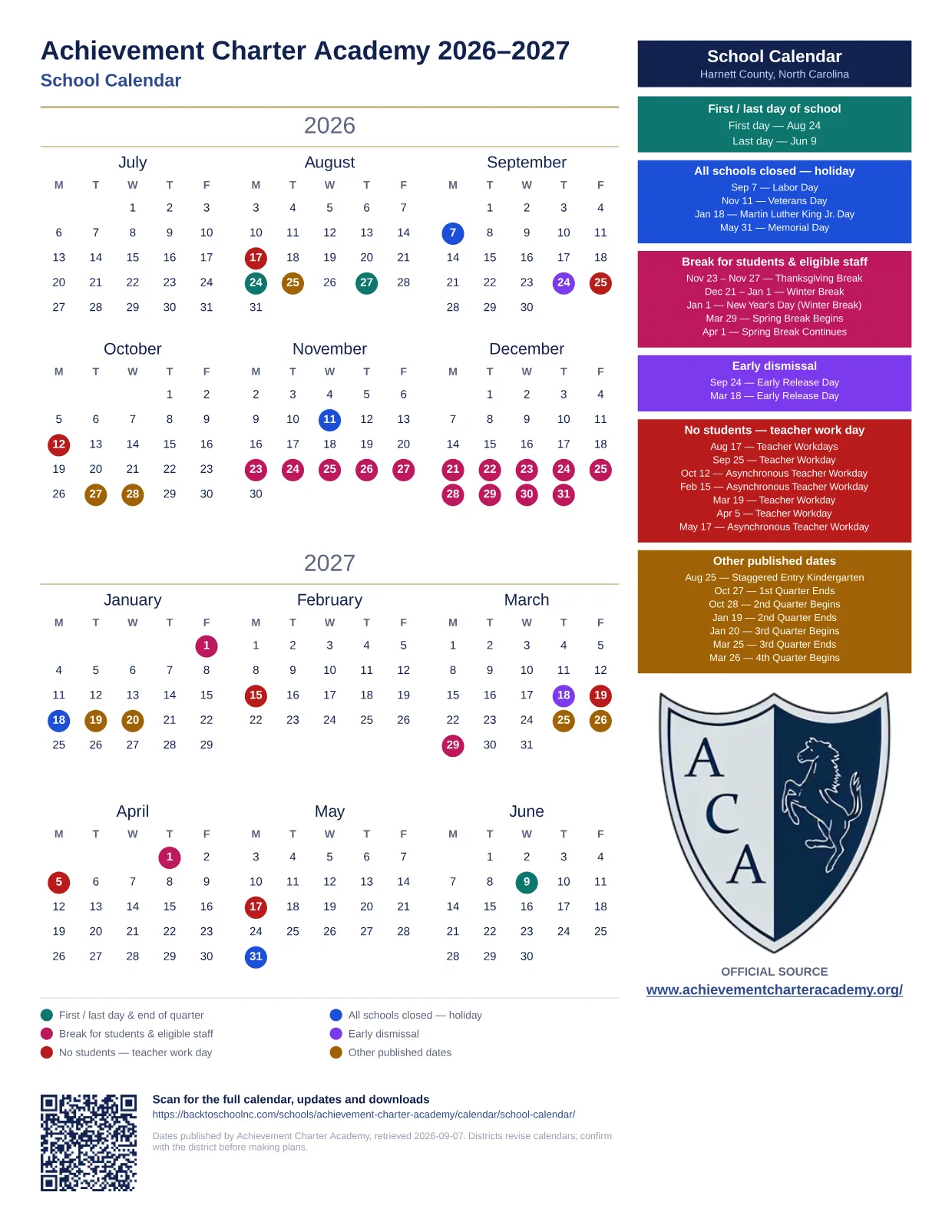 Achievement Charter Academy School Calendar 2026–2027 printable calendar