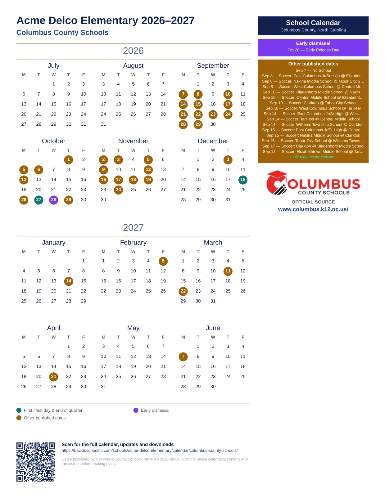 Acme Delco Elementary  printable calendar