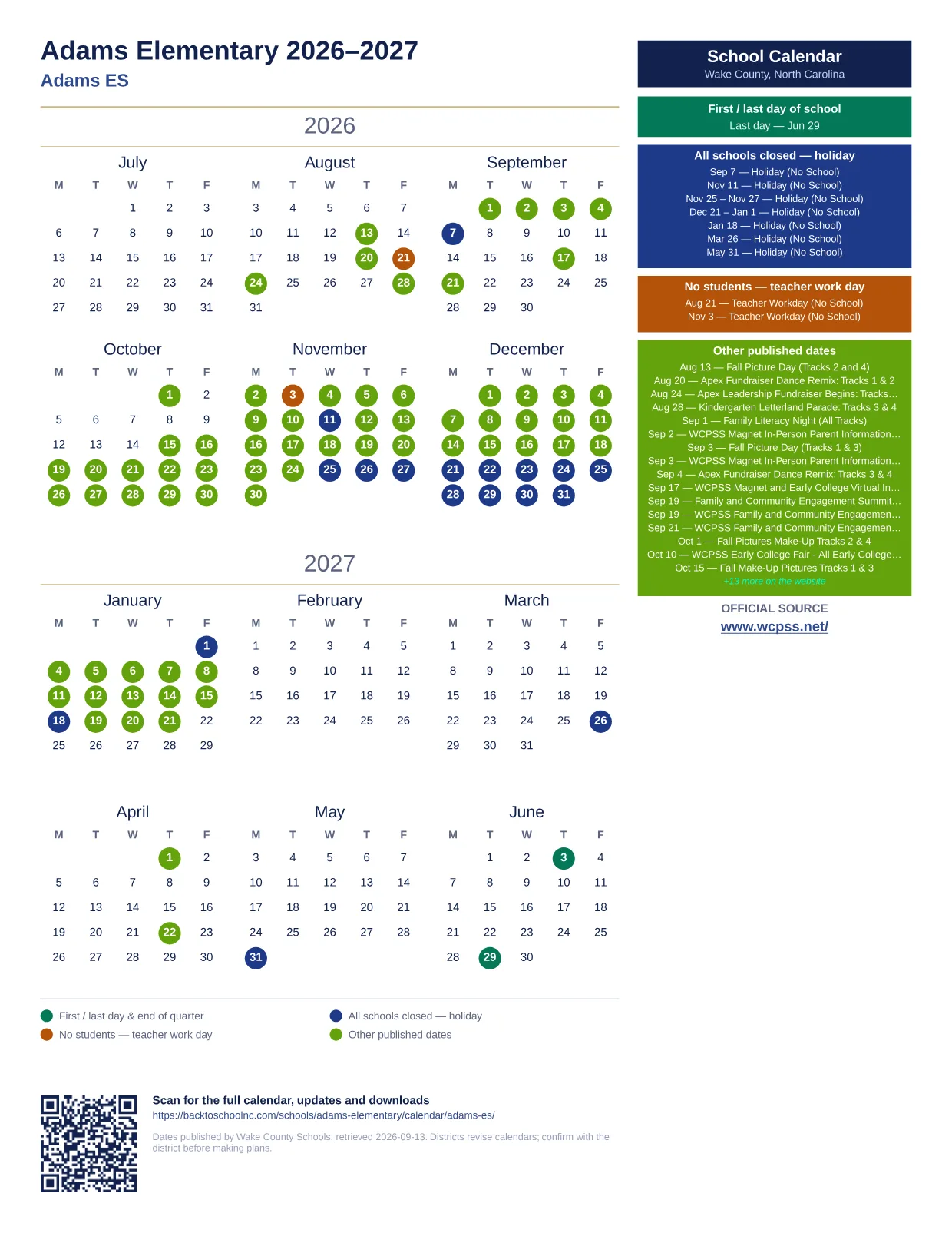 Adams Elementary  printable calendar