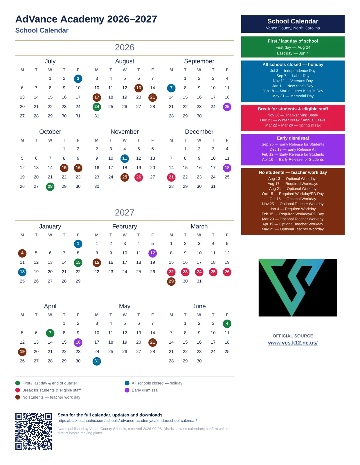 AdVance Academy 2026–2027 printable calendar