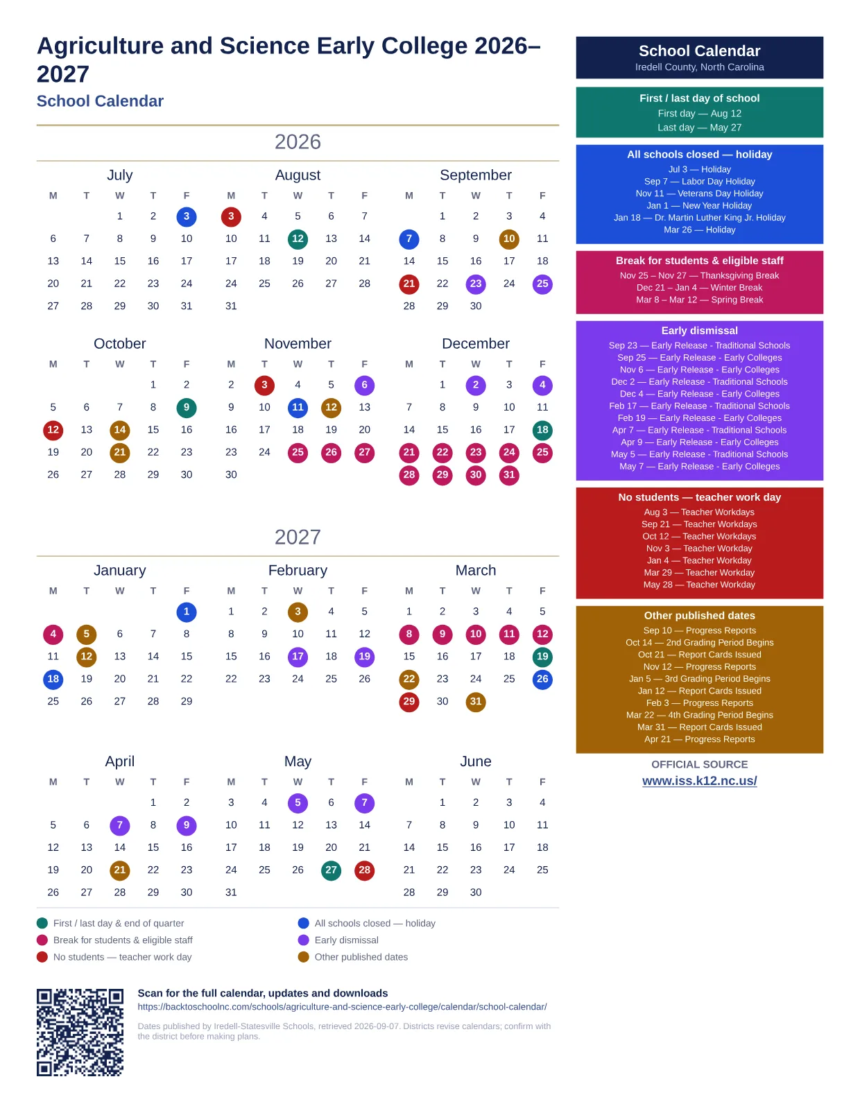 Agriculture and Science Early College 2026–2027 printable calendar