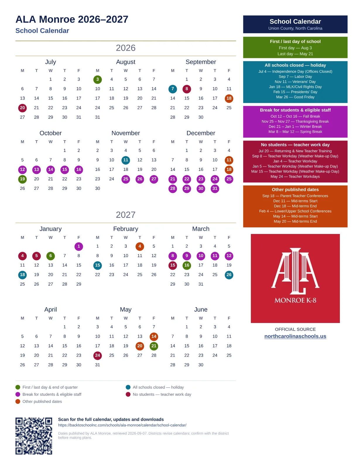 ALA Monroe School Calendar 2026–2027 printable calendar