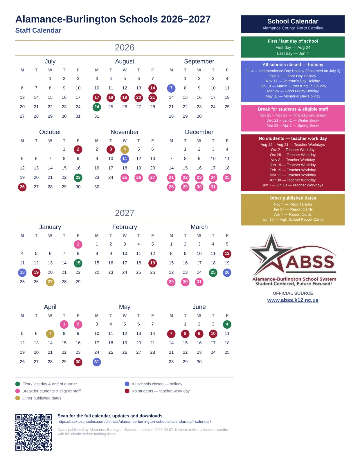 Alamance-Burlington Schools Staff Calendar 2026–2027 printable calendar