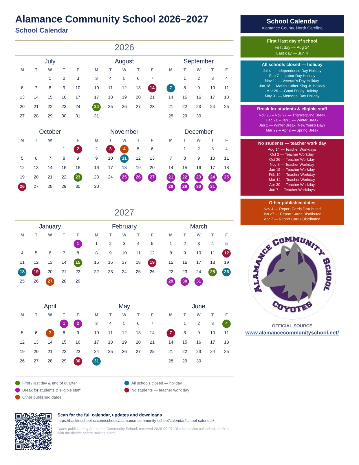 Alamance Community School School Calendar 2026–2027 printable calendar