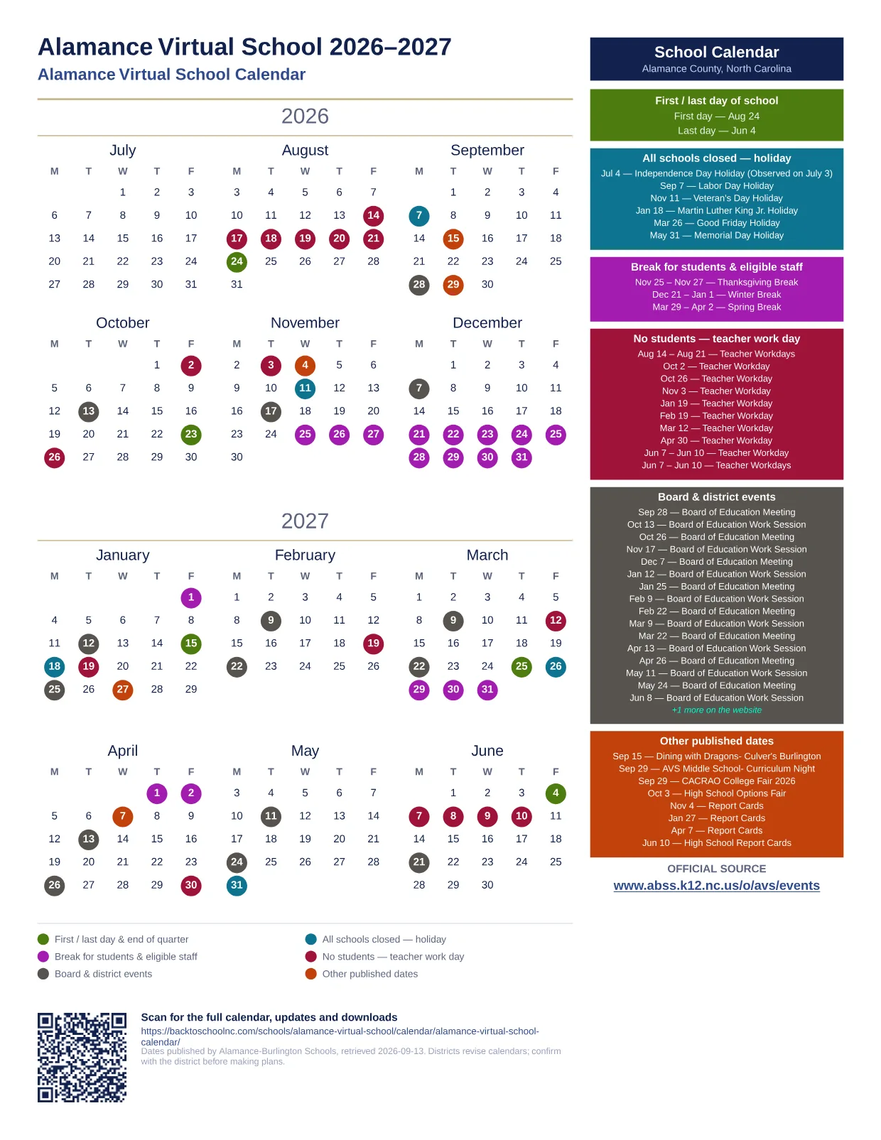 Alamance Virtual School 2026–2027 printable calendar