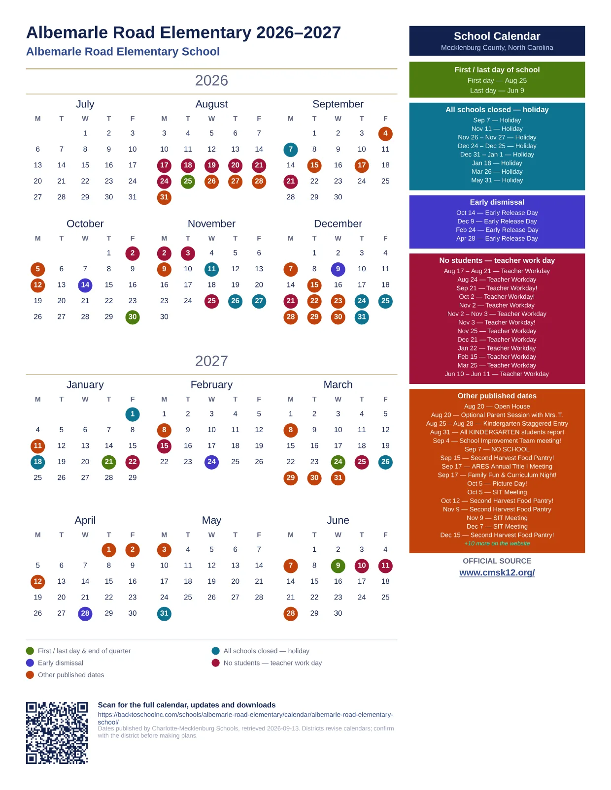 Albemarle Road Elementary 2026–2027 printable calendar