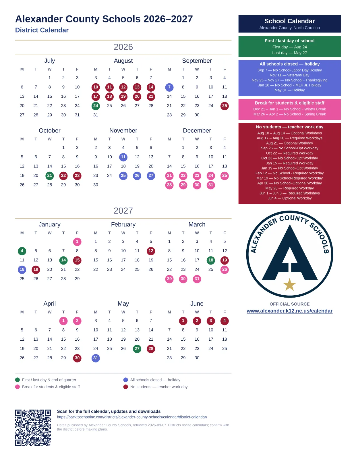 Alexander County Schools District Calendar 2026–2027 printable calendar