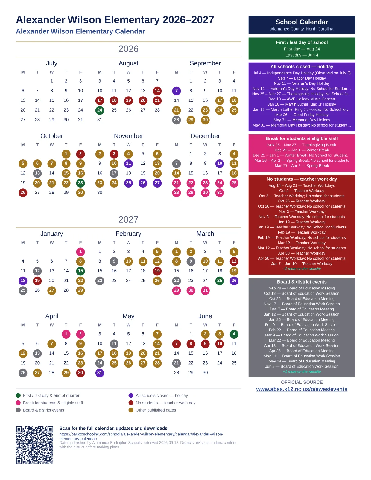 Alexander Wilson Elementary 2026–2027 printable calendar