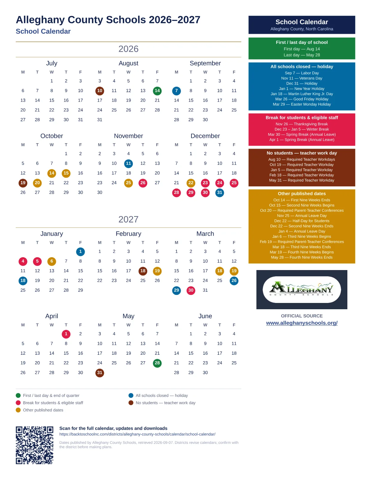 Alleghany County Schools School Calendar 2026–2027 printable calendar