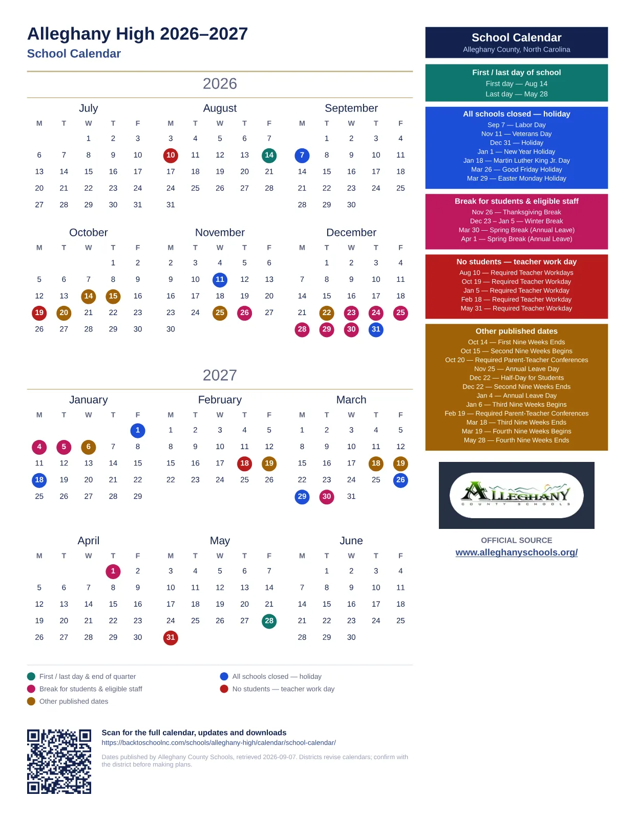 Alleghany High 2026–2027 printable calendar