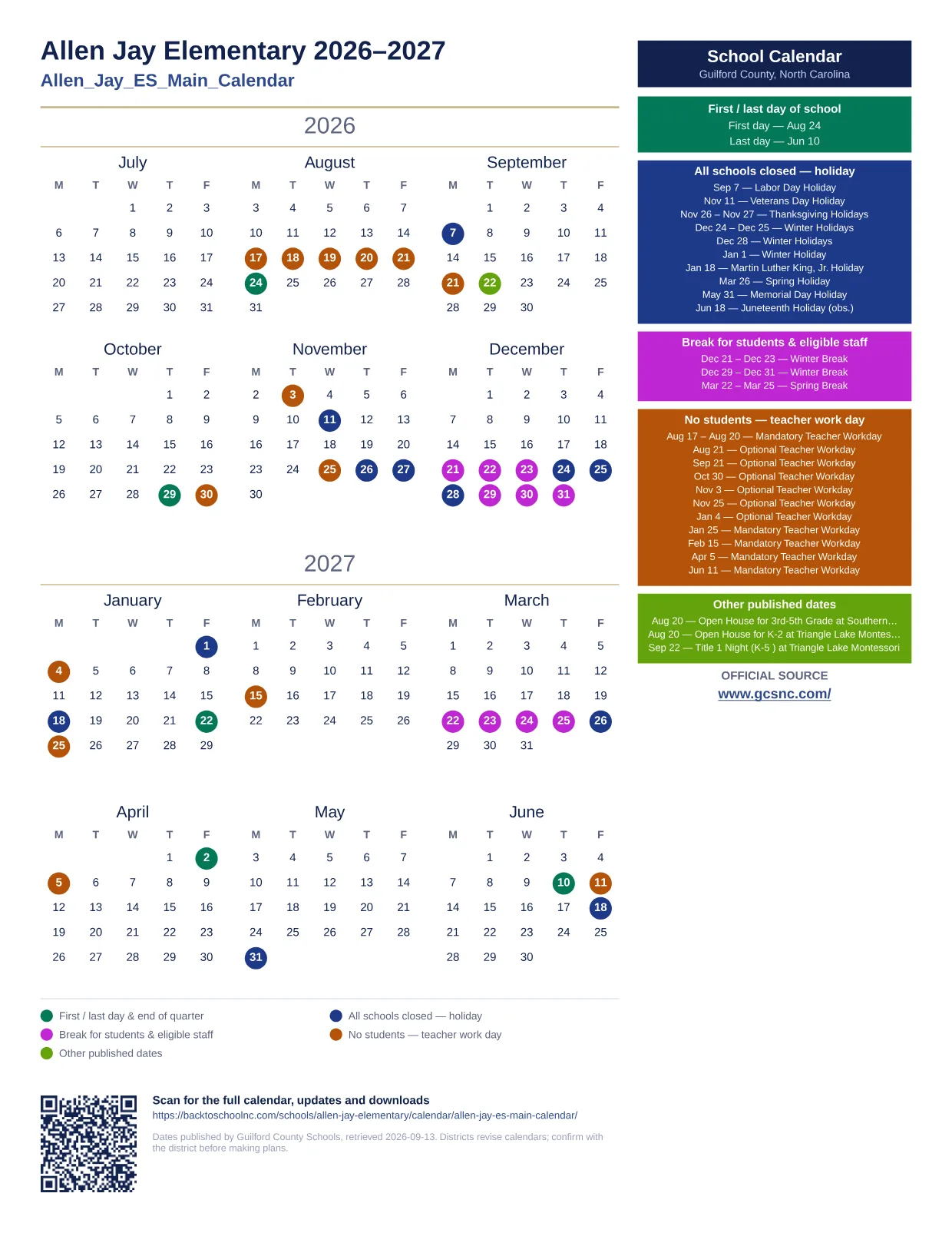 Allen Jay Elementary 2026–2027 printable calendar