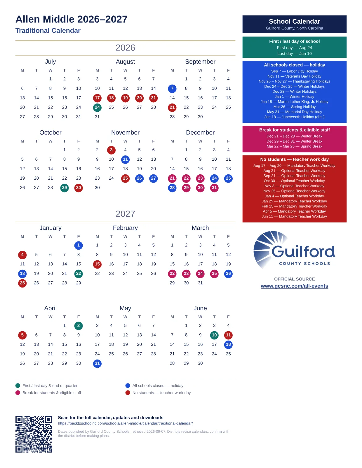 Allen Middle 2026–2027 printable calendar