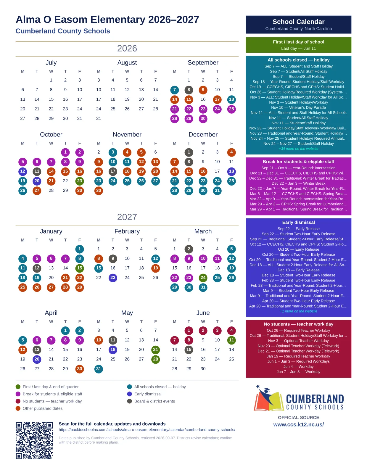Alma O Easom Elementary printable calendar