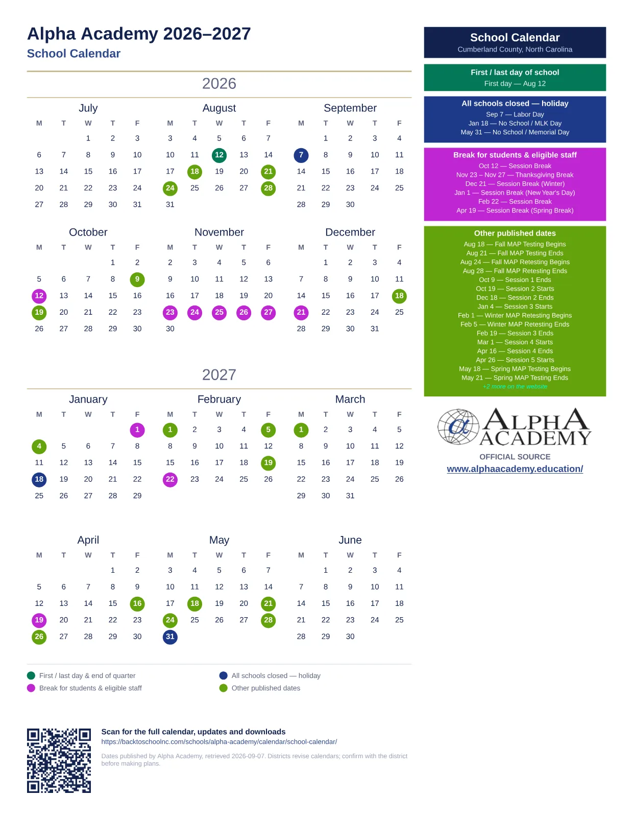Alpha Academy School Calendar 2026–2027 printable calendar