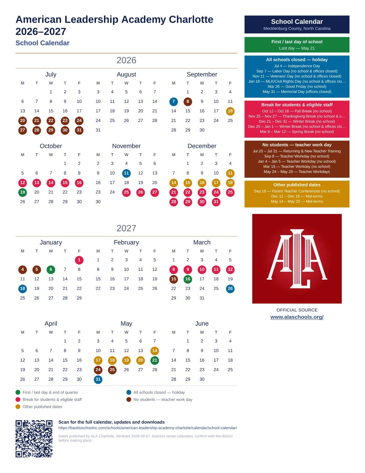American Leadership Academy Charlotte  printable calendar