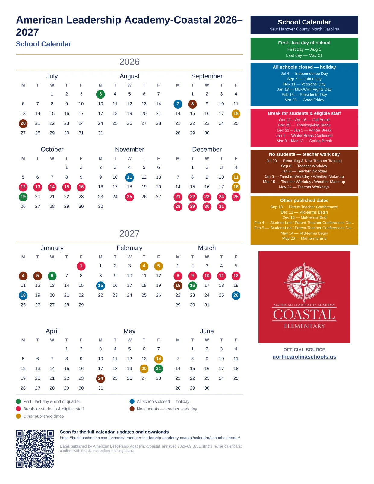 American Leadership Academy-Coastal School Calendar 2026–2027 printable calendar