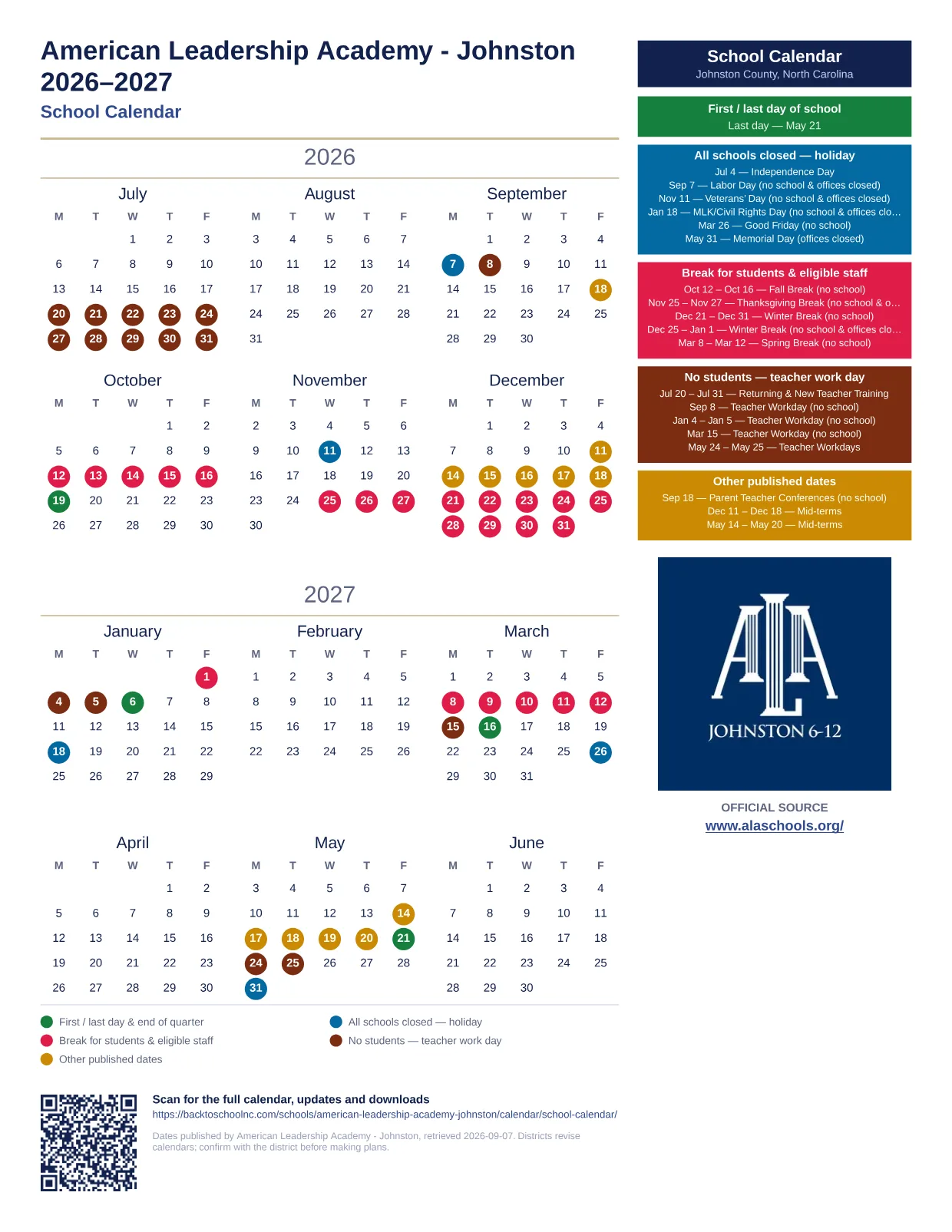 American Leadership Academy - Johnston School Calendar  printable calendar