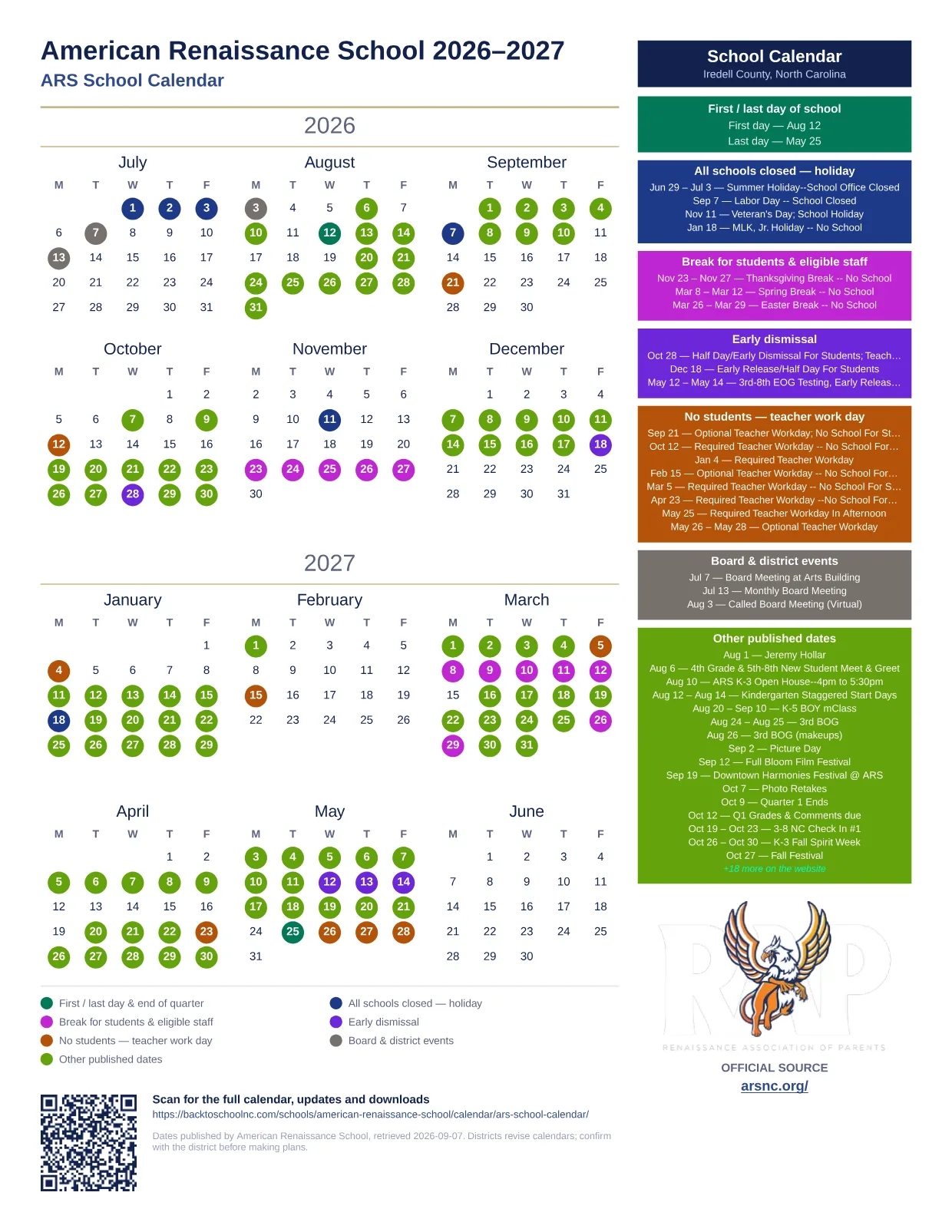 American Renaissance School ARS School Calendar  printable calendar