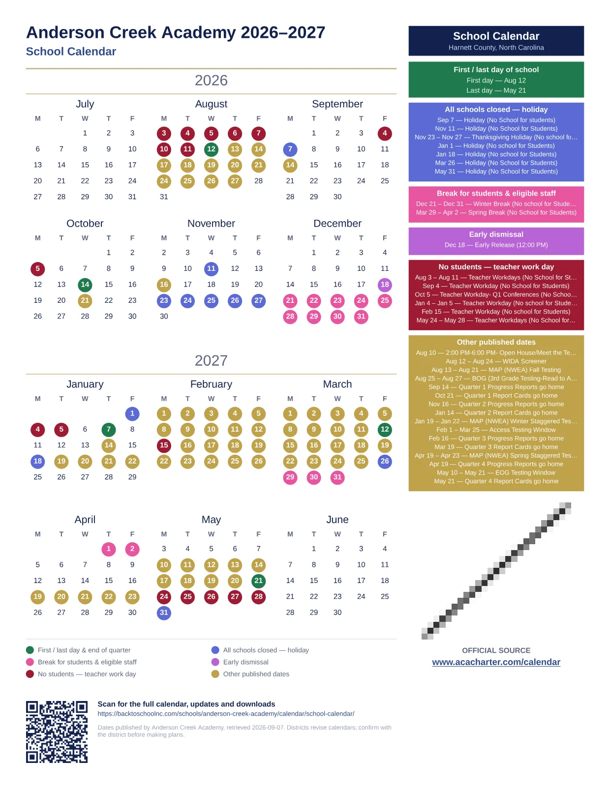 Anderson Creek Academy School Calendar  printable calendar