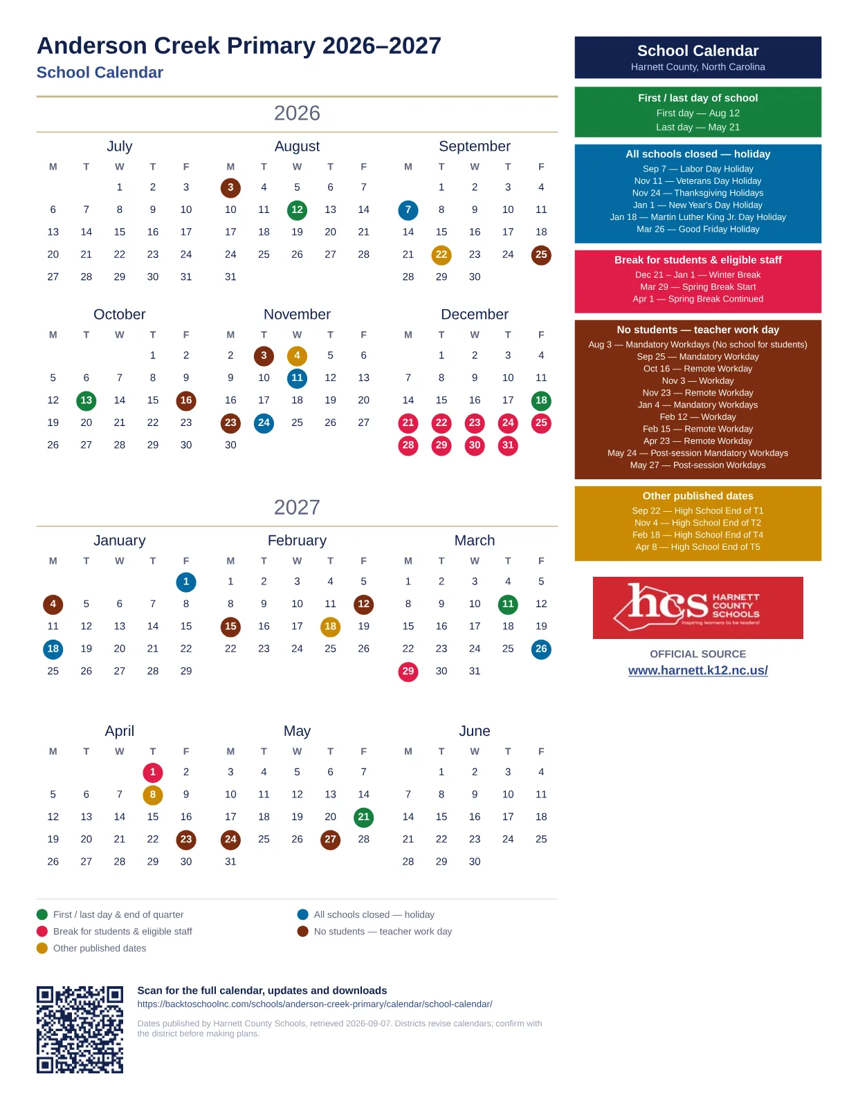 Anderson Creek Primary 2026–2027 printable calendar