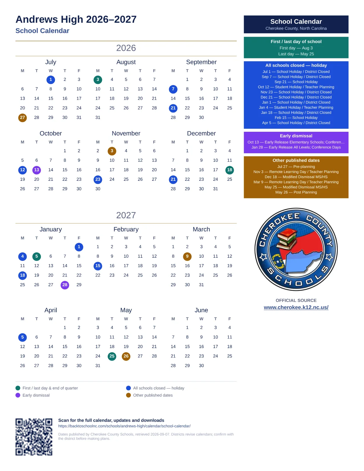 Andrews High 2026–2027 printable calendar