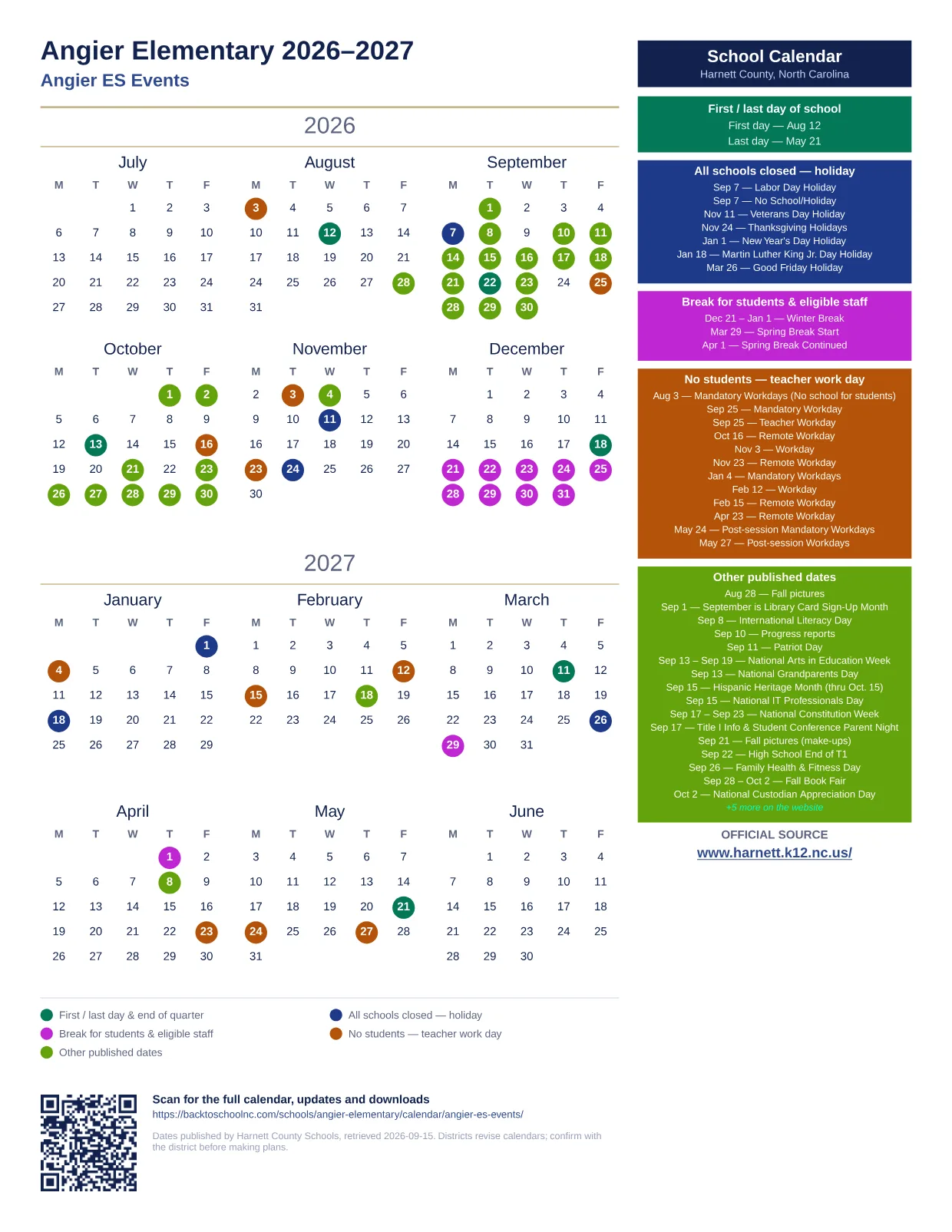 Angier Elementary 2026–2027 printable calendar