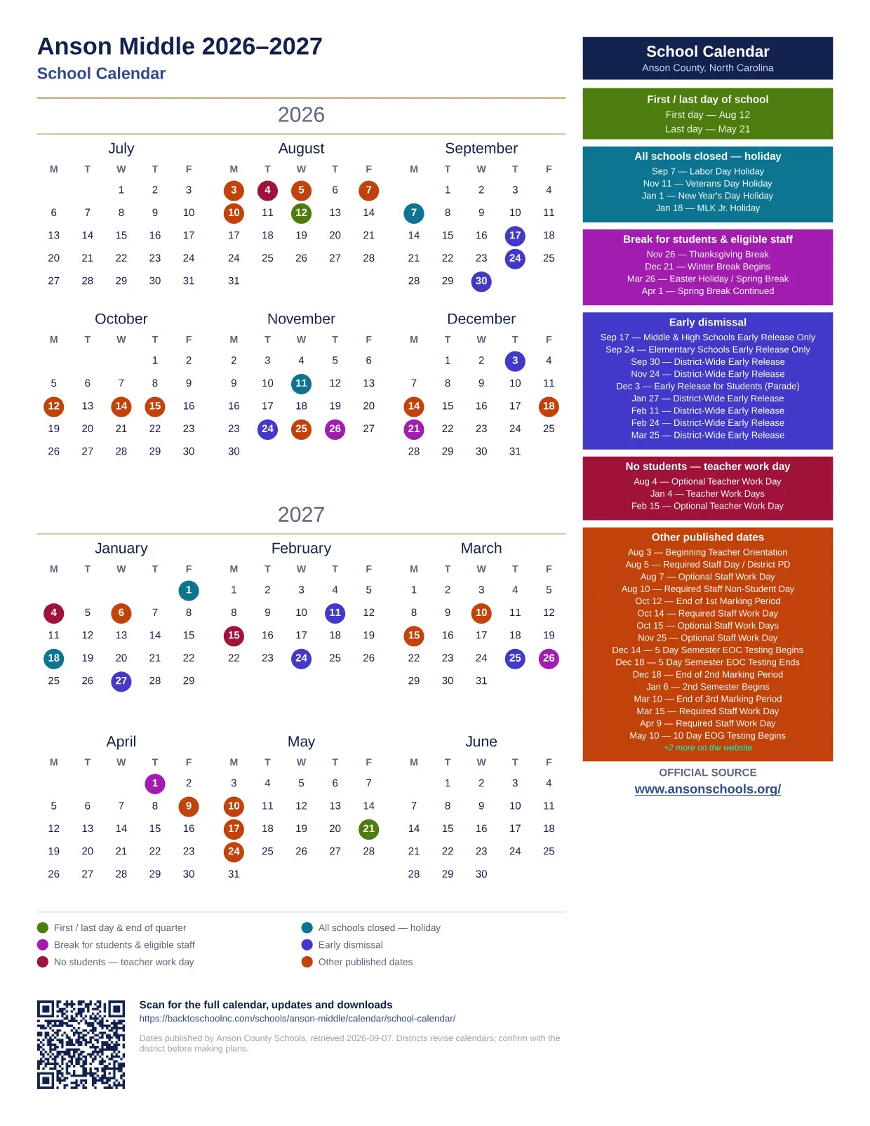 Anson Middle 2026–2027 printable calendar
