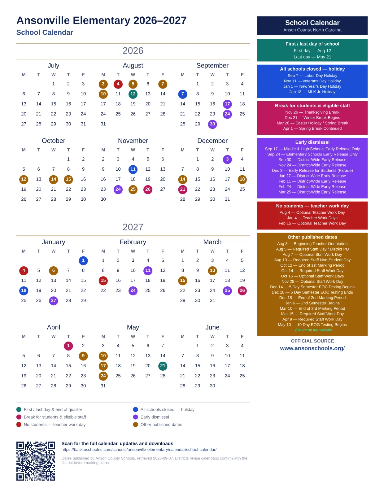 Ansonville Elementary 2026–2027 printable calendar
