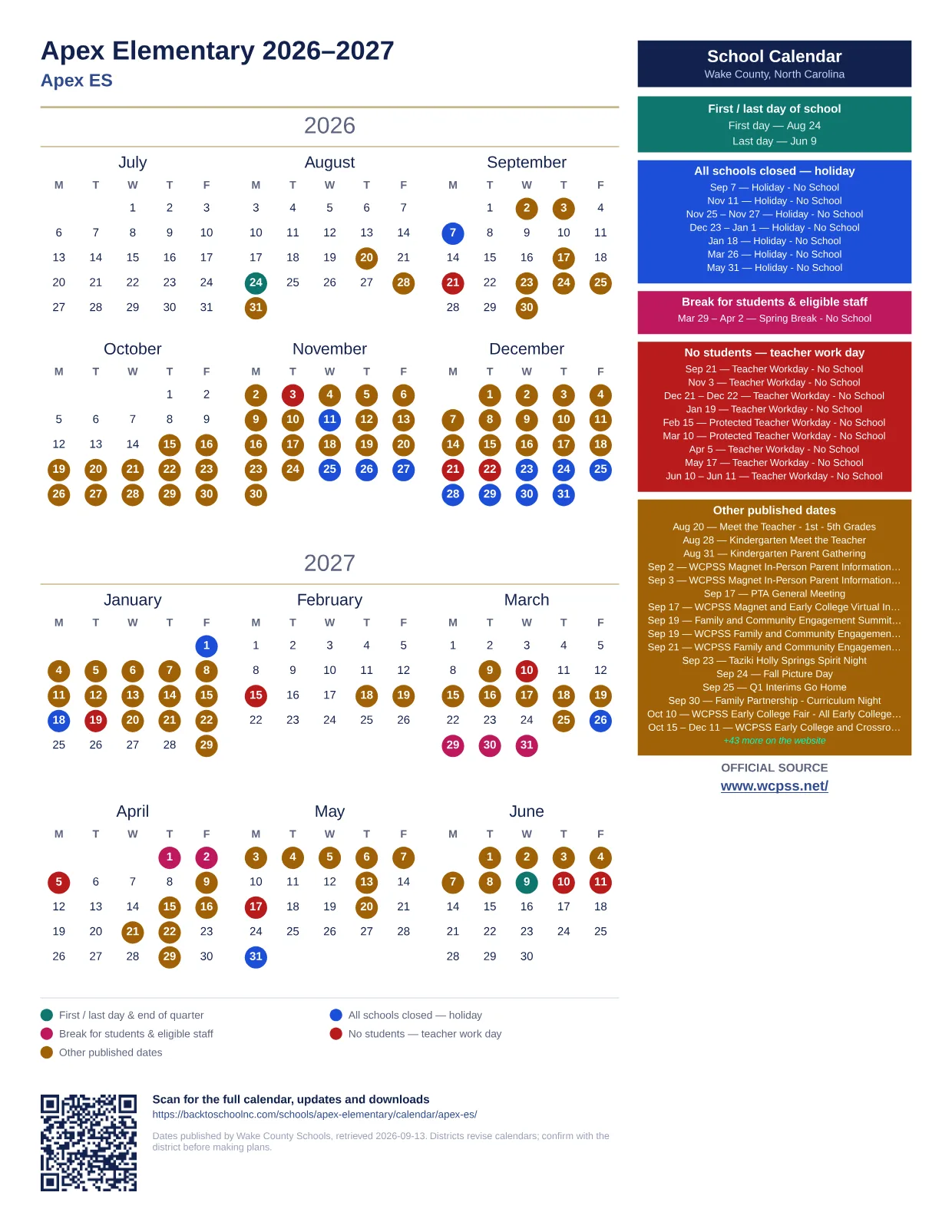 Apex Elementary 2026–2027 printable calendar