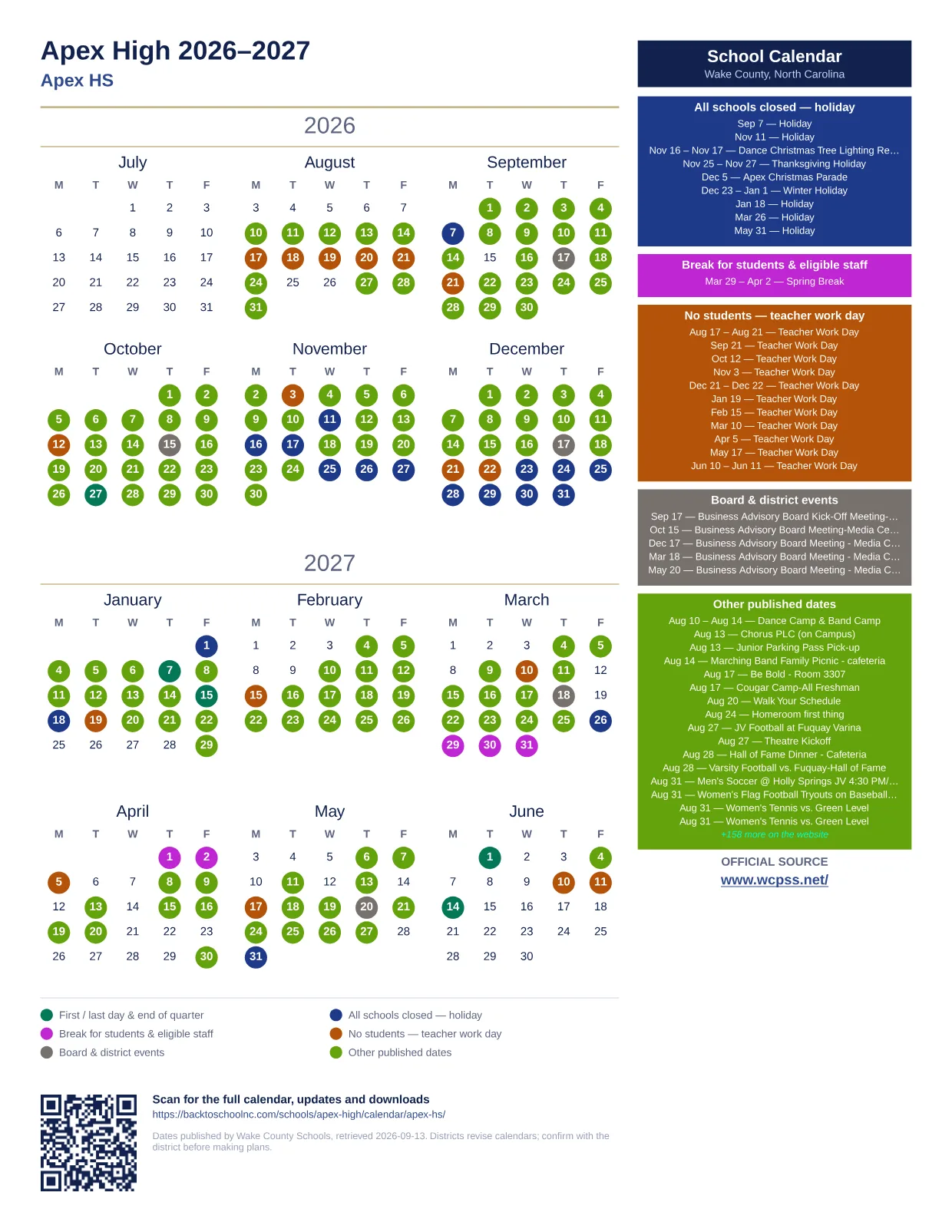 Apex High  printable calendar