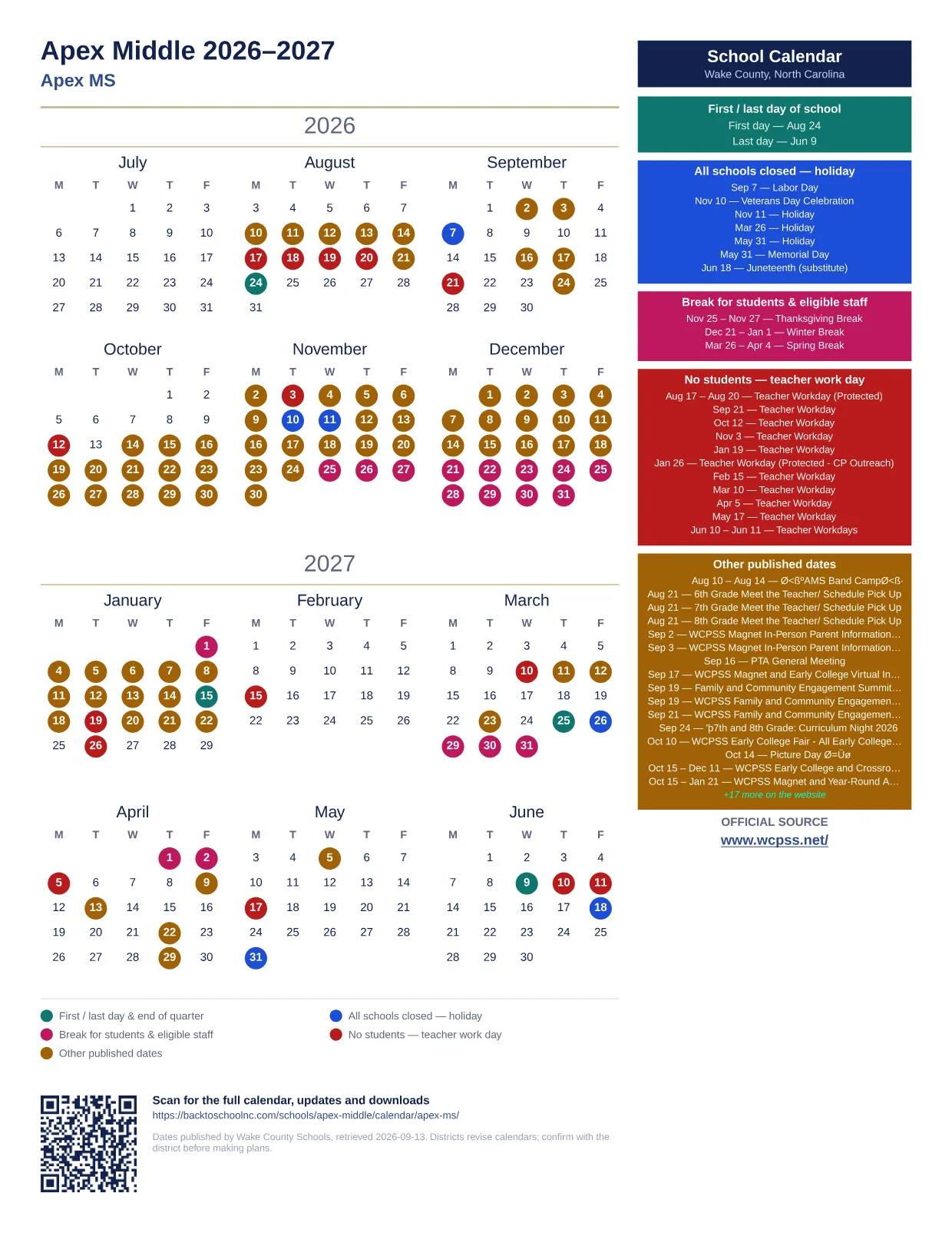 Apex Middle 2026–2027 printable calendar