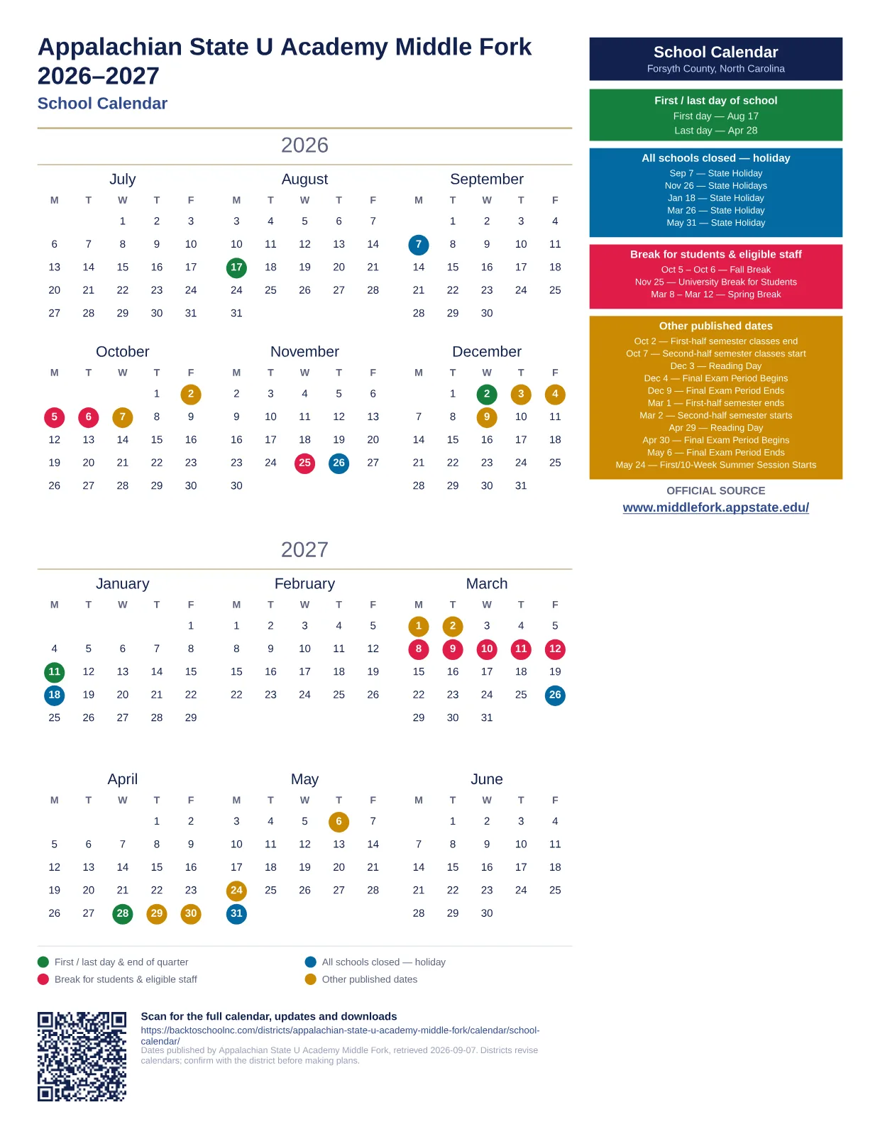 Appalachian State U Academy Middle Fork School Calendar 2026–2027 printable calendar