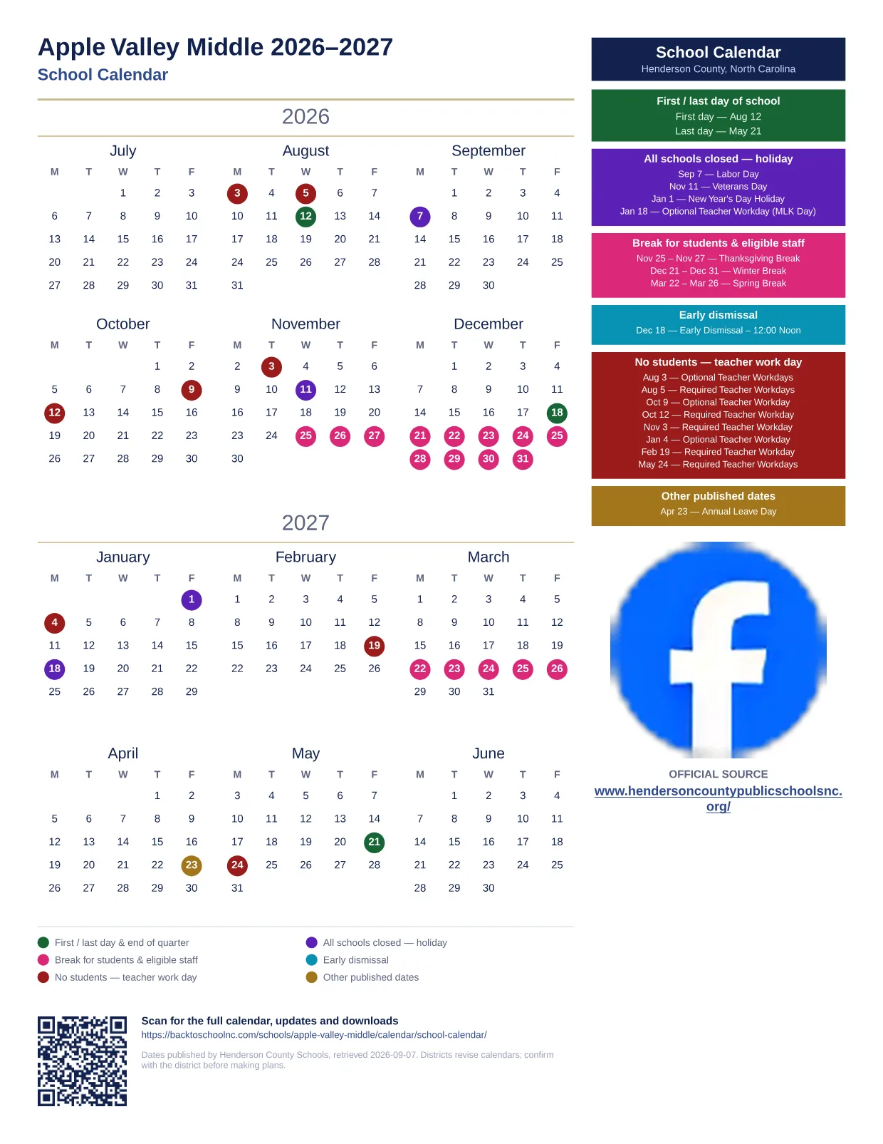 Apple Valley Middle 2026–2027 printable calendar