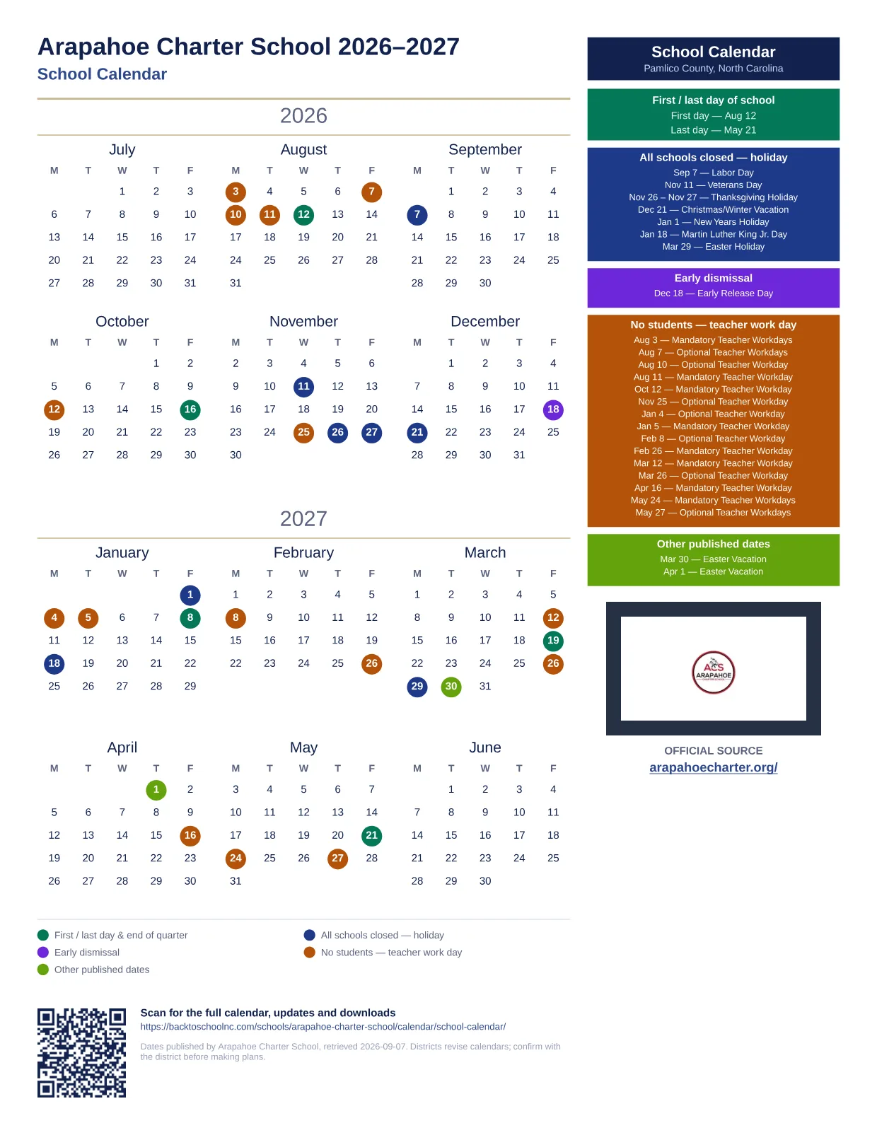 Arapahoe Charter School School Calendar 2026–2027 printable calendar