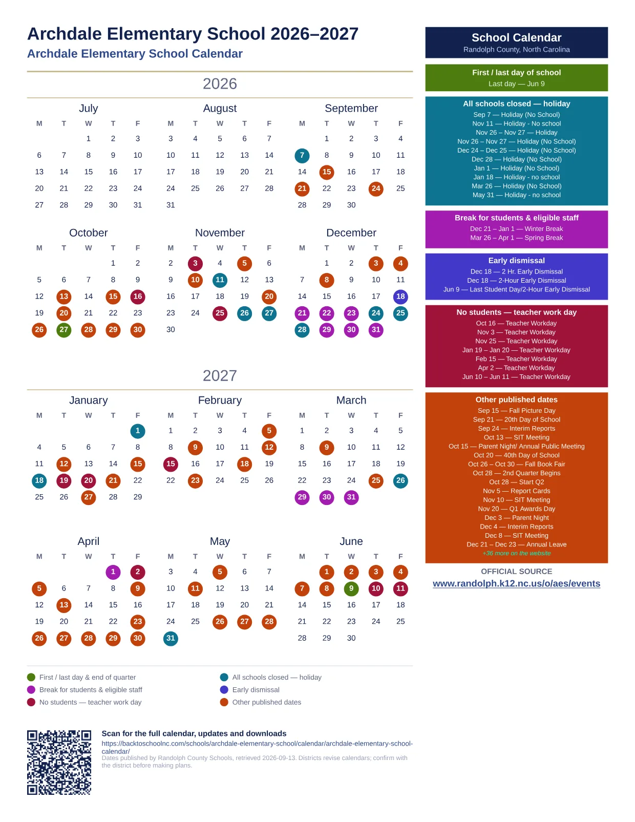 Archdale Elementary School  printable calendar