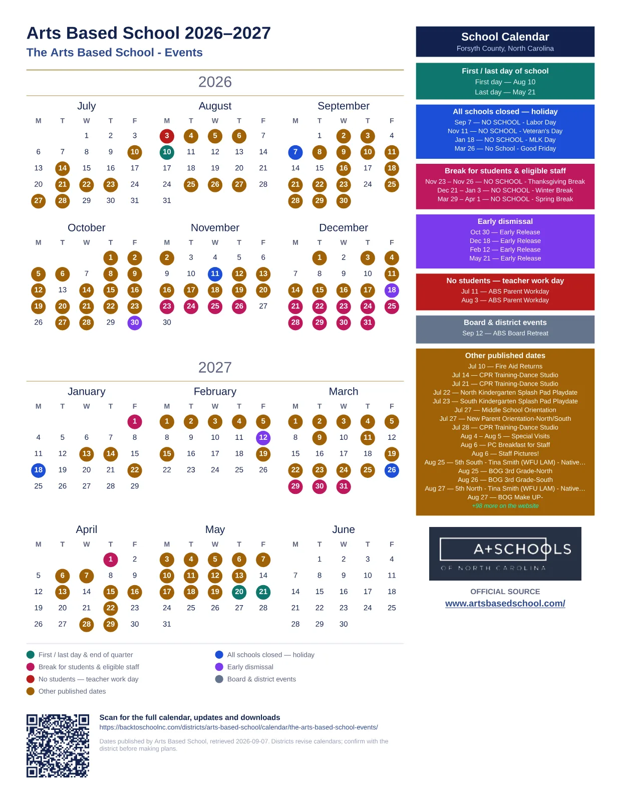 Arts Based School The Arts Based School - Events 2026–2027 printable calendar