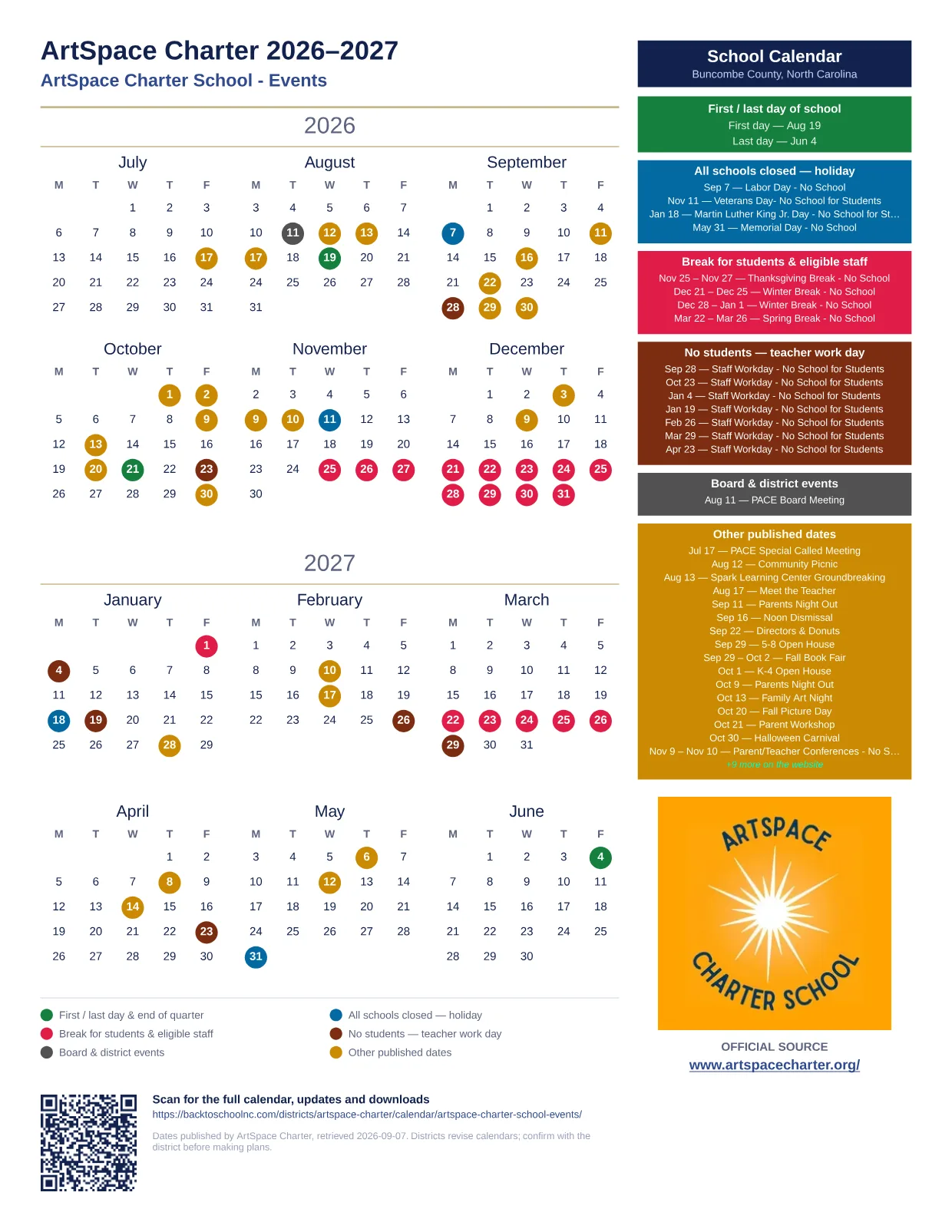 ArtSpace Charter ArtSpace Charter School - Events 2026–2027 printable calendar
