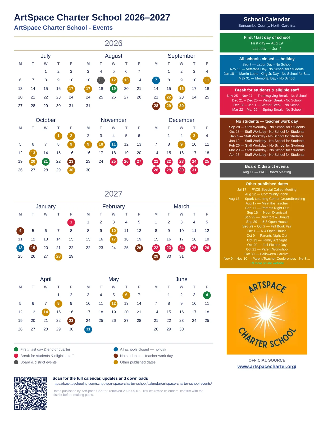 ArtSpace Charter School 2026–2027 printable calendar