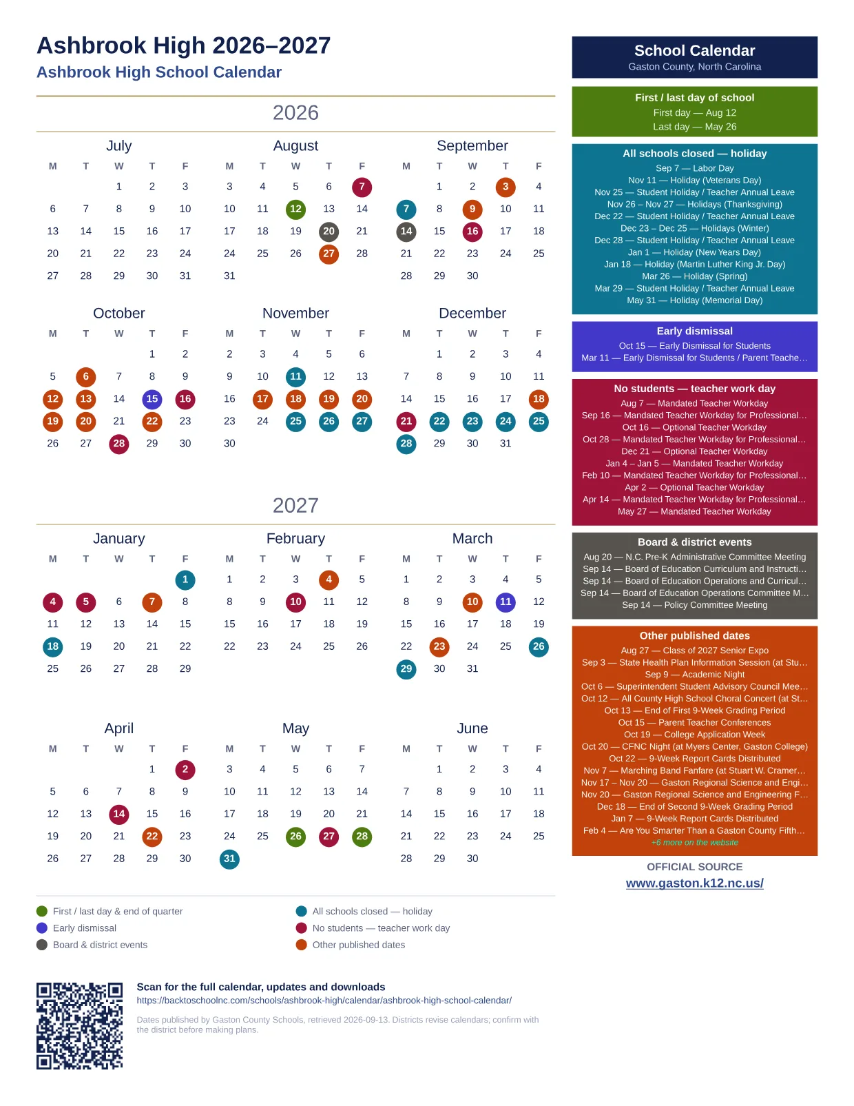 Ashbrook High 2026–2027 printable calendar