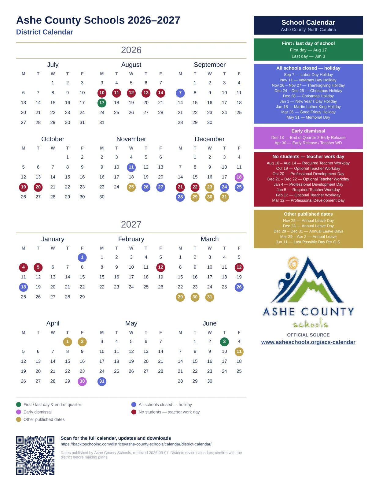 Ashe County Schools District Calendar 2026–2027 printable calendar