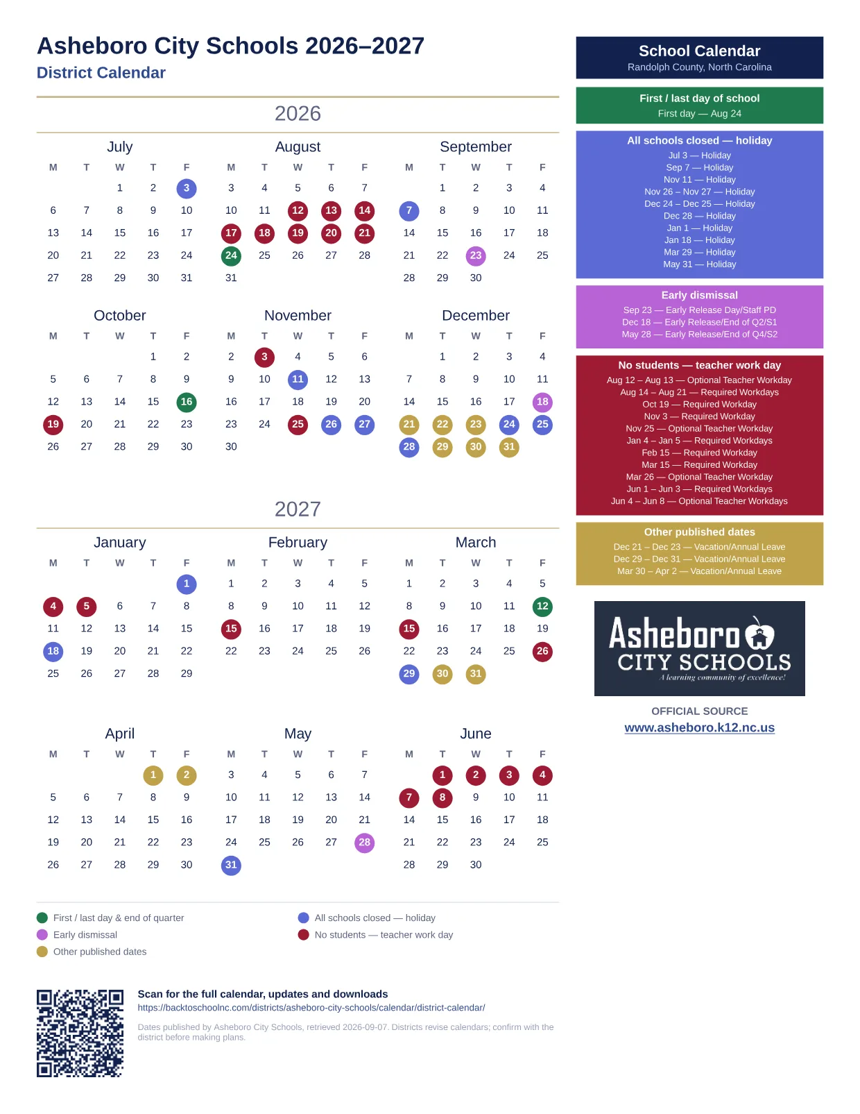 Asheboro City Schools District Calendar 2026–2027 printable calendar