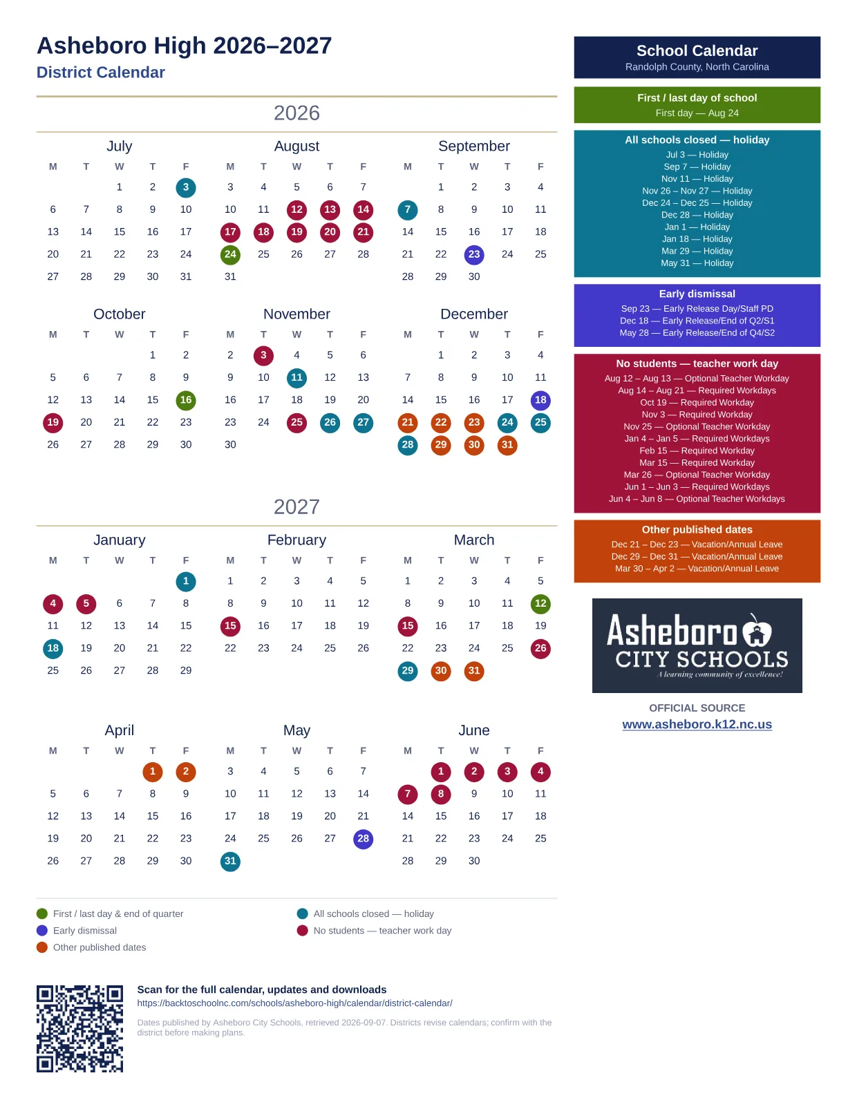 Asheboro High 2026–2027 printable calendar