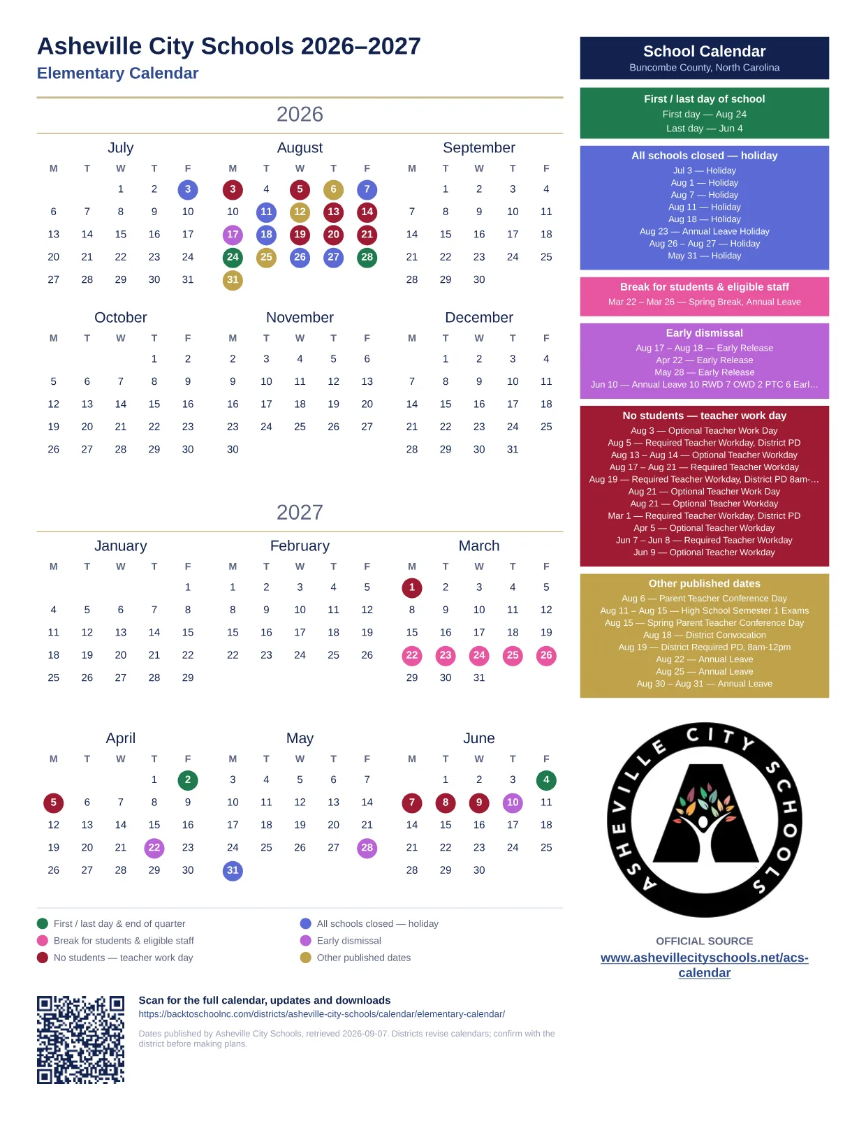 Asheville City Schools Elementary Calendar 2026–2027 printable calendar