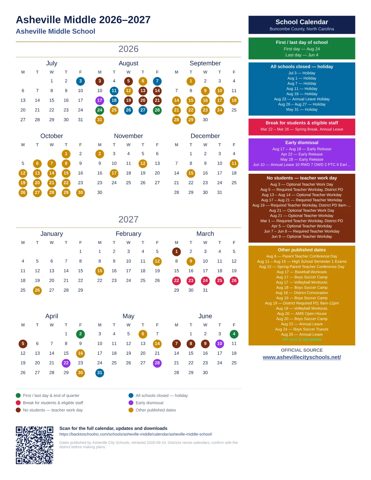 Asheville Middle 2026–2027 printable calendar