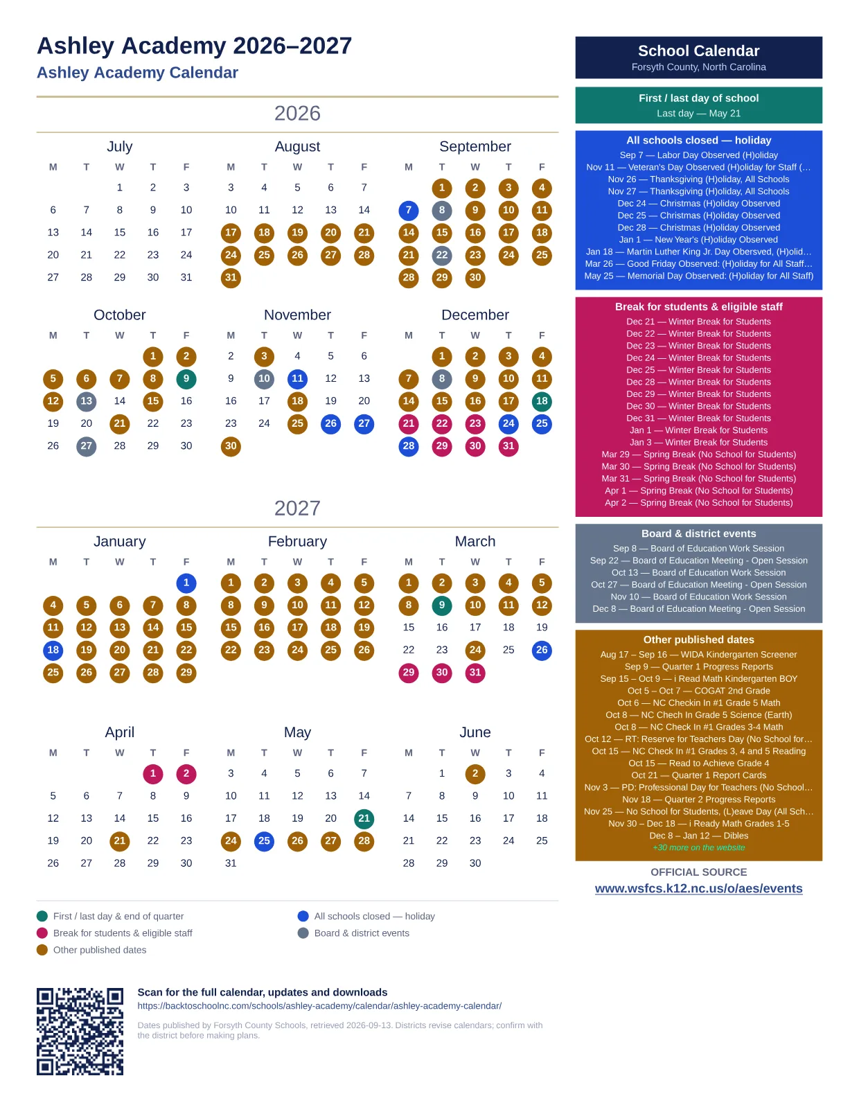 Ashley Academy printable calendar